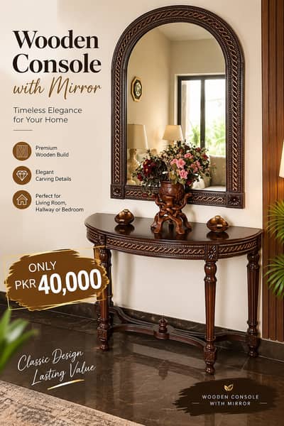 Premium Wooden Console Table with Matching Arched Mirror Set