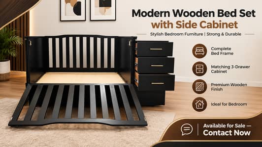 Modern Wooden Bed Set with 3-Drawer Side Cabinet | Premium