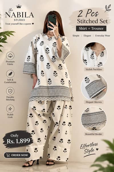 2 Pcs Women's Printed Suit | Stitched Shirt & Trouser