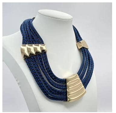 Vintage Style Navy Blue & Purple Rope Choker Necklace - Antique Golden Metal Chain Statement Collar Necklace for Women