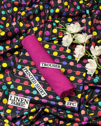 Women Linen Printed Suit 2Pc Black with Pink Trouser