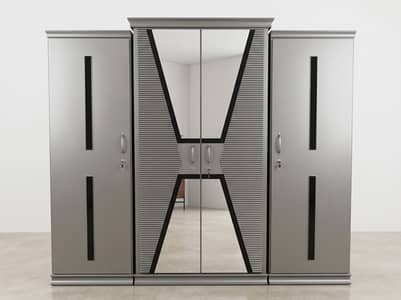 Modern 4-Door Wardrobe with Mirror - Silver/Gray Decor Lab Wood Finish