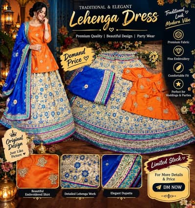 Beautiful designer lehenga | Blue & orange embroidered lehenga | Party