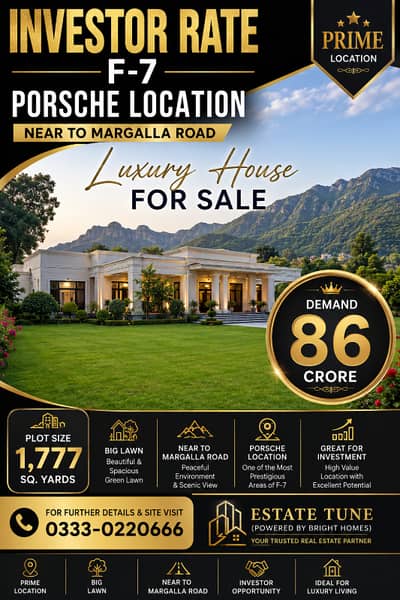 INVESTOR ALERT | ULTRA-PREMIUM F-7 PROPERTY | ISLAMABAD 1,777 SQ. YARDS | MARGALLA FACING | 3-SIDE OPEN | MASSIVE LAWN