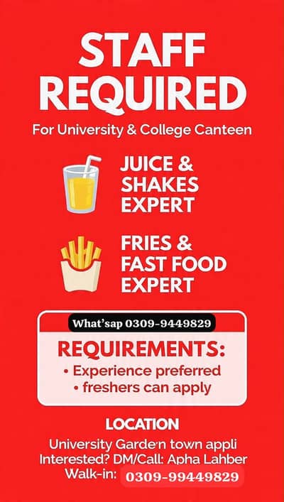 Staff Required for College University Canteen