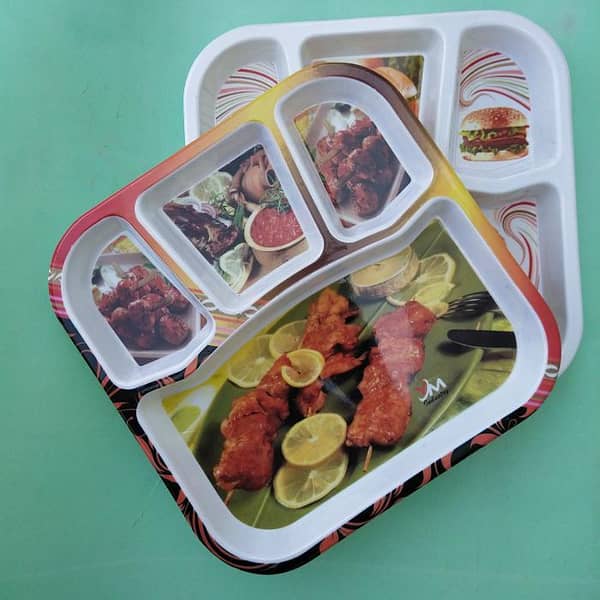 Pack Of 1 & 2 Divided Food Surving Melamine Tray With Beautiful Design Prints - Size 10 x 10 Inches