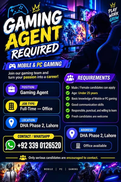 Gaming Agent Required (Mobile & PC) | Jobs | Lahore