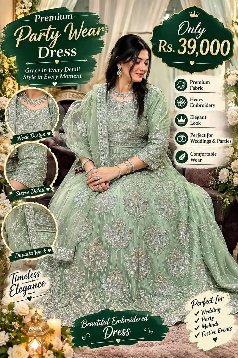 Premium Mint Green Embroidered Party Wear maxi  | Wedding &  Festive 0