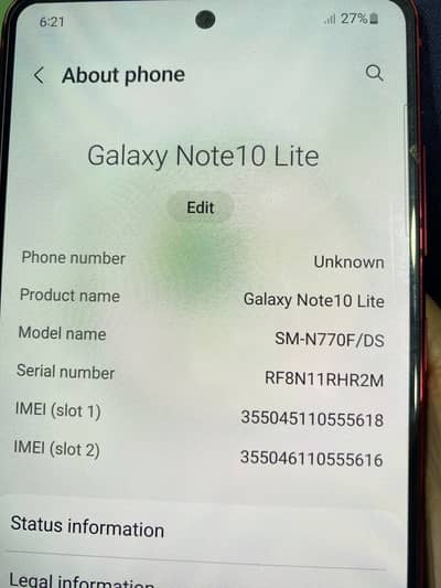 Samsung Mobile Note 10 Lite PTA Aproved