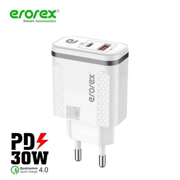Erorex PD Fast Adapter, Model PD-C13, Dual Port Charging 30W + USB 18W for Android and iOS Devices