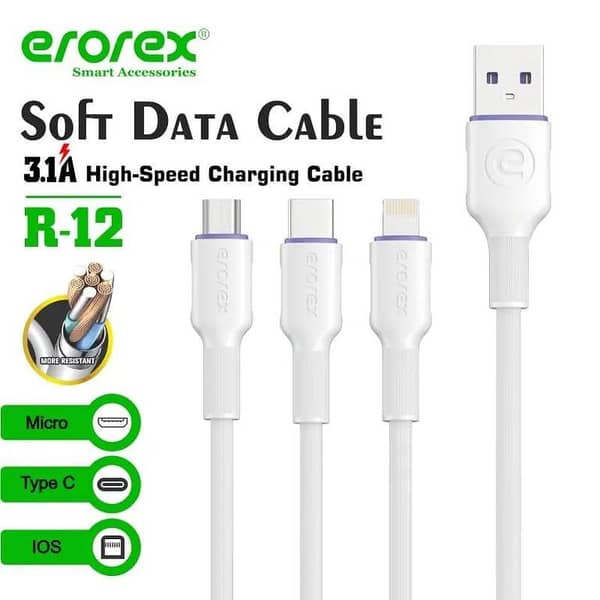 Erorex Data Cable, R-12 (3.1A) Flexible & Soft Data Cable, USB to Micro/Type-C, High Quality Fast Charging Data Cable