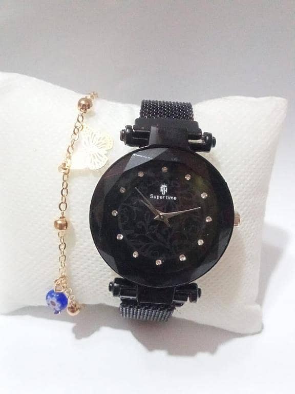 2-Piece Women's Watch Set: Black Round Magnetic Strap with Rhinestone Details