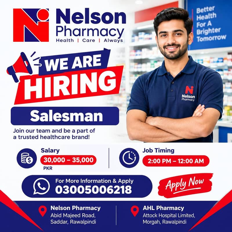 Salesman Required – Nelson Pharmacy | Rawalpindi 1