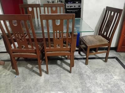 Wooden Dining Table with Glass Top & 5 Chairs (Good Condition)