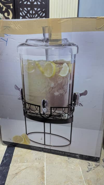 glass 3 Glass triple beverage container with 3 taps one iron stand