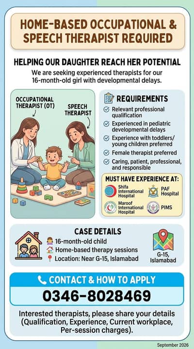 HOME-BASED OCCUPATIONAL & SPEECH THERAPIST REQUIRED
