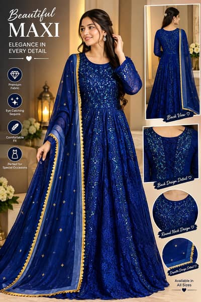 Navy Blue Embroidered Party Wear Maxi | Heavy Work + Dupatta +