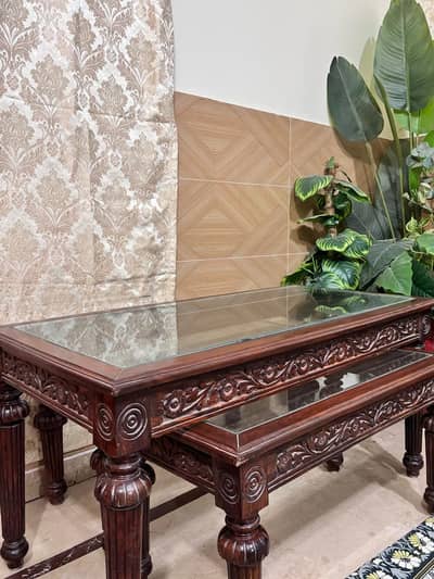 For Sale: Set of 3 Carved Wooden Nesting Tables with Glass Tops