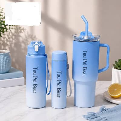 Stylish Blue Gradient Water Bottle & Tumbler Set - Brand New( 3 bottle