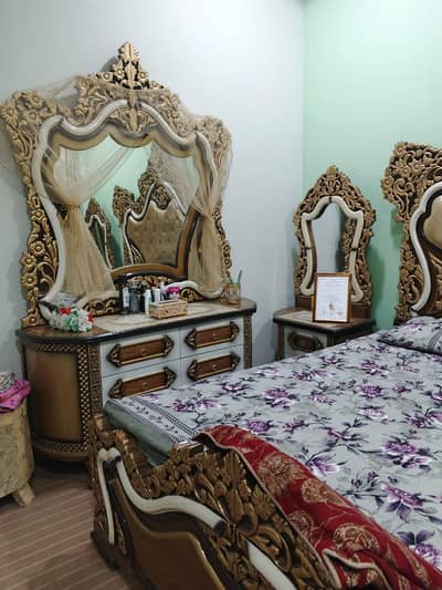 Wooden complete bed set with side tables dresising and Sofa chairs