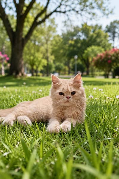 fully trained Persian male cat creamy color long cott