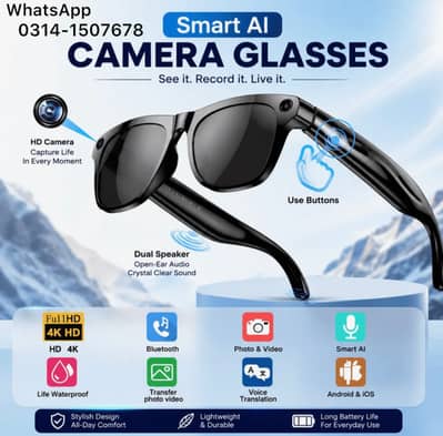 AI SMART CAMERA GLASSES WITH HD CAMERA,,BLUETOOTH AND ALL AI FEATURES