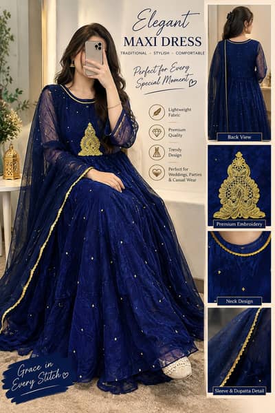 Elegant Navy Blue & Golden Embroidered Maxi | Party Wear Dress