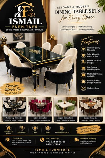 Dinning table , Wooden table , solid table with chairs , marble top