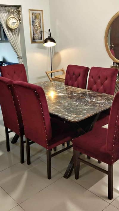 Dinning table , Wooden table , solid table with chairs , marble top