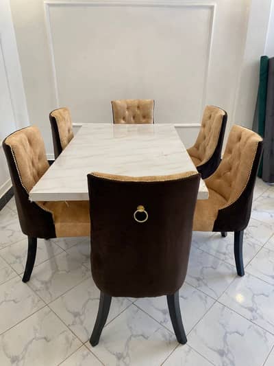 6 Seater Luxury Dining Table Set | Marble Top table | Premium Chairs