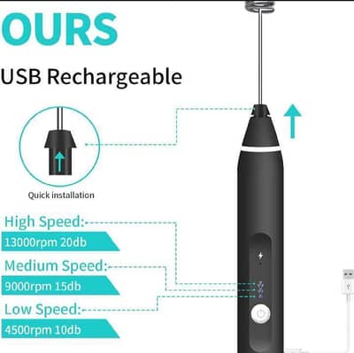 Rechargeable Electric Coffee Beater Black Stainless Steel