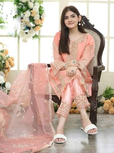 "Peach Embroidered 3Pc Organza Suit - Party Wear Premium"