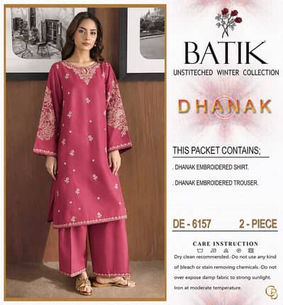 Original BATIK Dhanak 2pc Unstitched Suit - Deep Pink Embroidered