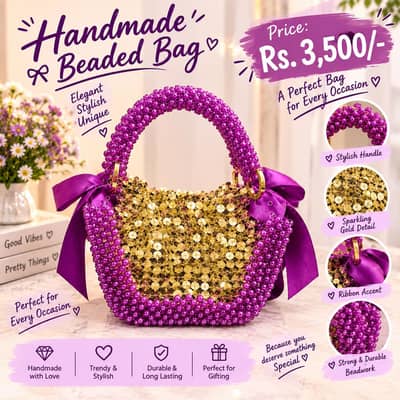 PEARL BEADED HANDBAG WITH PURPLE BOW