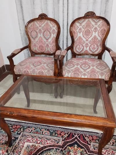 2 Pure wooden classical chairs with 1 wooden table