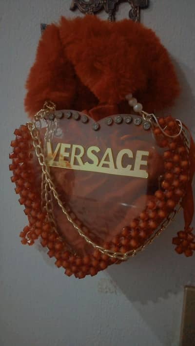 Heart Shape Fur Beaded Bag  - VERSACE Logo - Party Bag