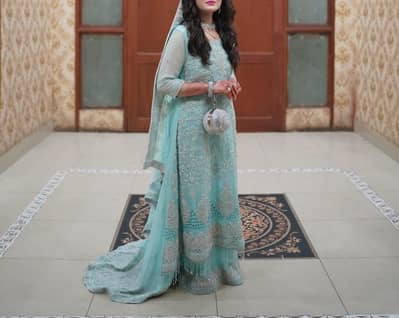 Valima/Walima Gown Sea Green Heavy Embroidered Tail Gown -