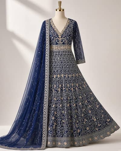 Premium Soft Net Fabric Blue Bridal Maxi/Party wear. ideal for weedings