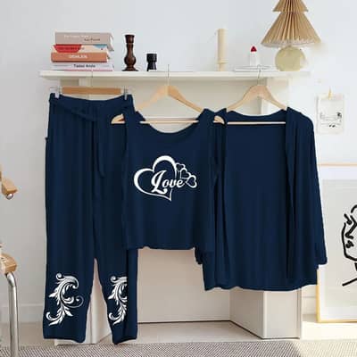 Product Name*: Navy Heart Print 3-Piece Night Suit for Women