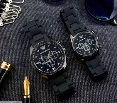 UNISEX CHRONOGRAPH WATCH SET STAINLESS STEEL BLACK STRAP