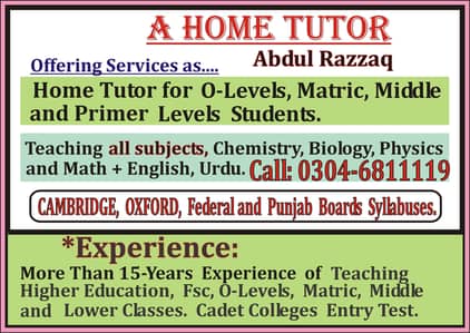 Home Tutor, Tuition. "A Highly Experienced and Reliable Teacher"