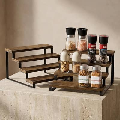 4-layers wooden spice rack brown black metal support