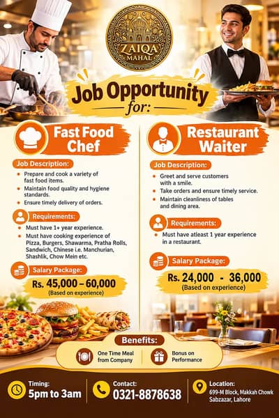 Fast Food Chef and Waiters Required in Sabzazar