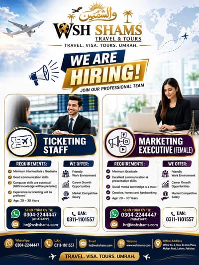 Travel Agency's ka liye Staff Required ha. Near Maraka Multan Road