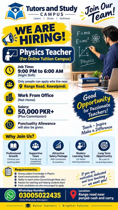 Physics Teacher Required – 50K+ Salary + Commission | Night Shift