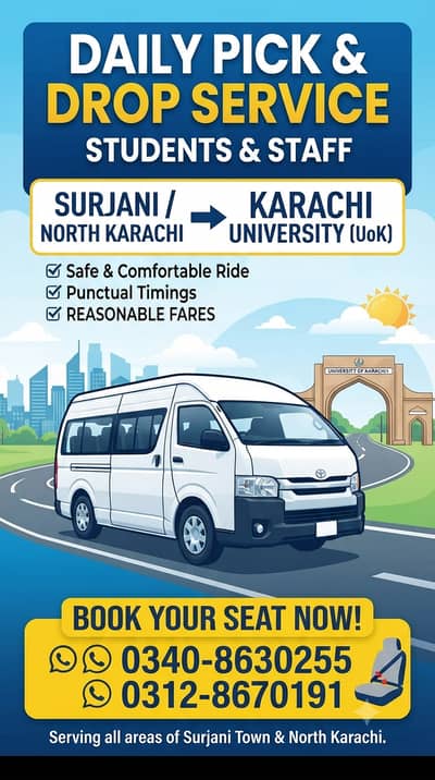 Pick and drop service from north karachi , surjani , UOK