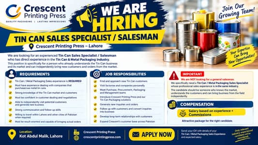 HIRING Metal TIN CAN SALES SPECIALIST / SALESMAN
