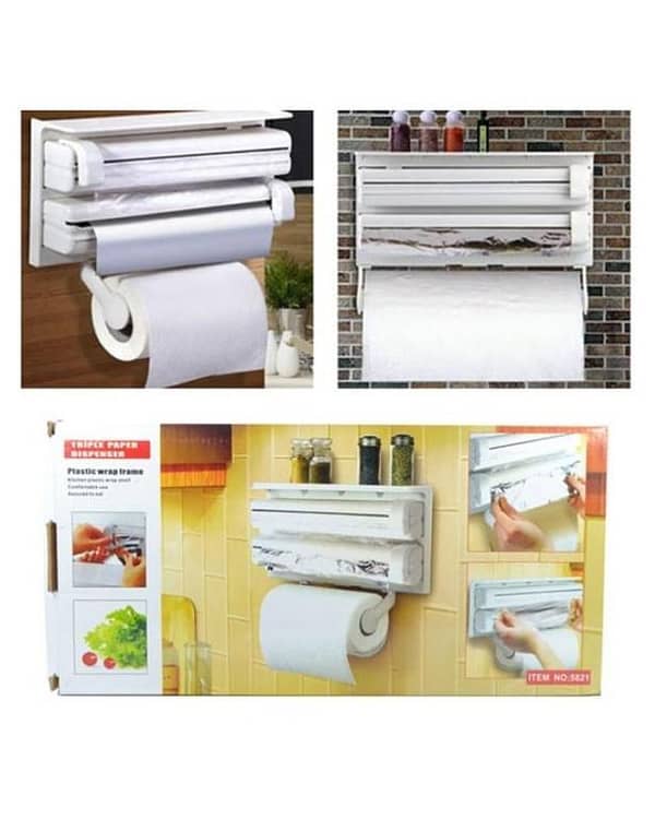 Triple Paper Dispenser for Cling Film, Aluminum Foil, and Kitchen Roll