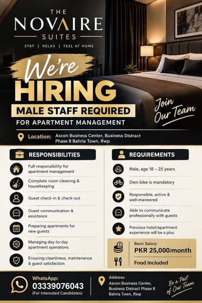 Male staff member to manage our serviced apartments.