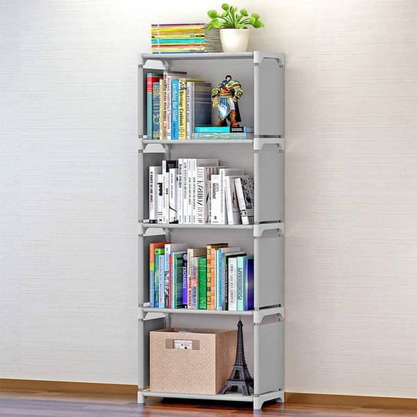 4-Layer Gray DIY Bookshelf and Storage Cabinet - Waterproof Non-Woven Fabric Floor Stand